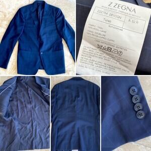 Z Zegna Navy Windowpane 100% Wool Turati Blazer 52 R EUC